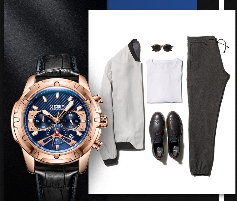 MEGIR watch with rose gold case and black leather strap, displayed with a white shirt, gray pants, and black shoes on a white background.