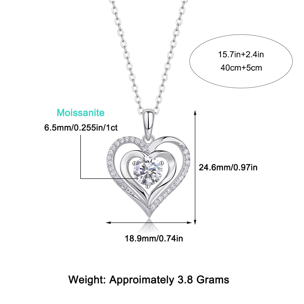 Women Luxury Pendant Necklace 925 Sterling Silver Moissanite Diamond Heart Micro Pave Diamond Test Silver Chain Necklace