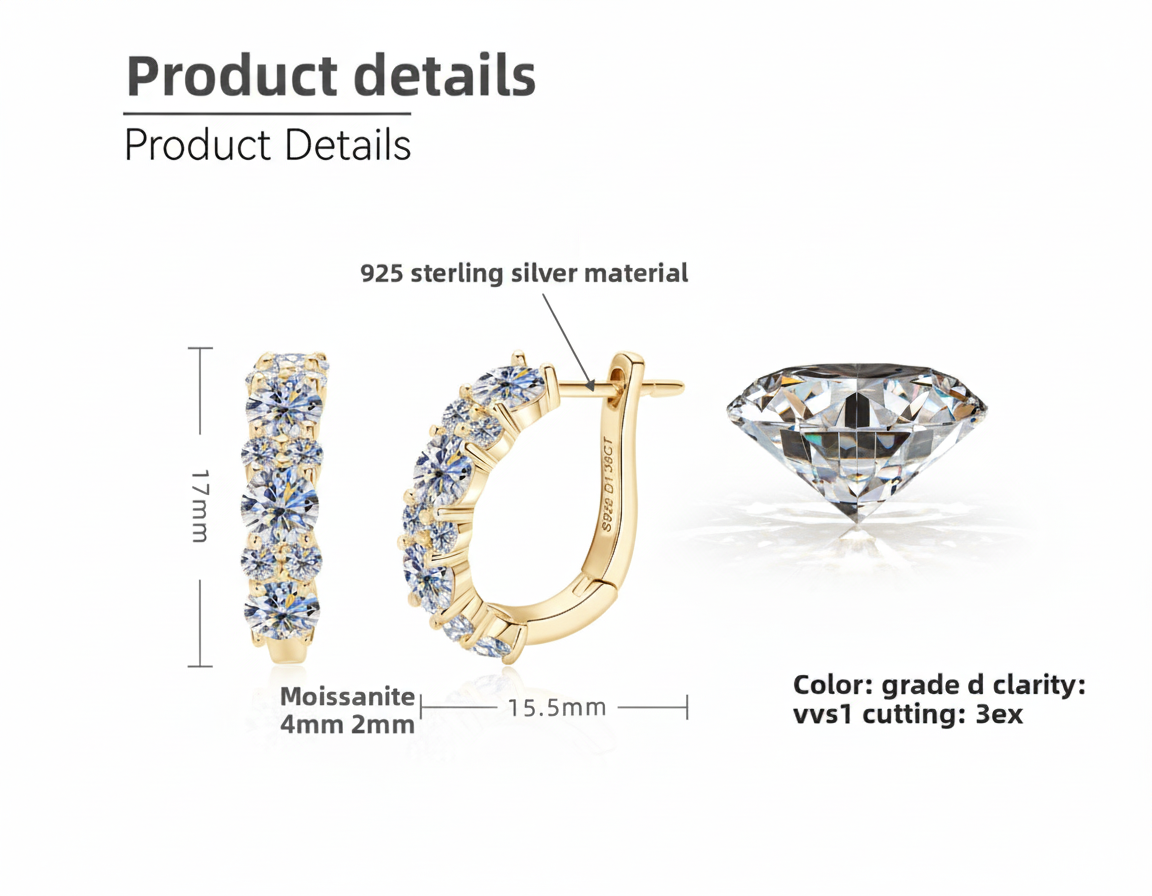 Women's Luxury Earring Round Moissanite Moissanite 925 Sterling Silver Earring Eardrop High-grade Hoop Women Earrings