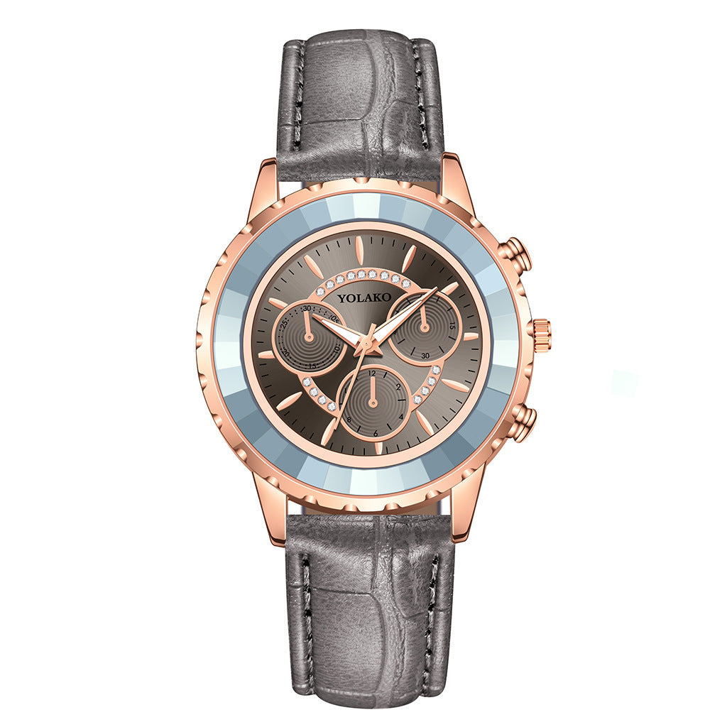 YOLAKO Women's Fashionable High Quality Rhinestone Crafted Ladies Watch Three-Eye Diamond Female Quartz Watch