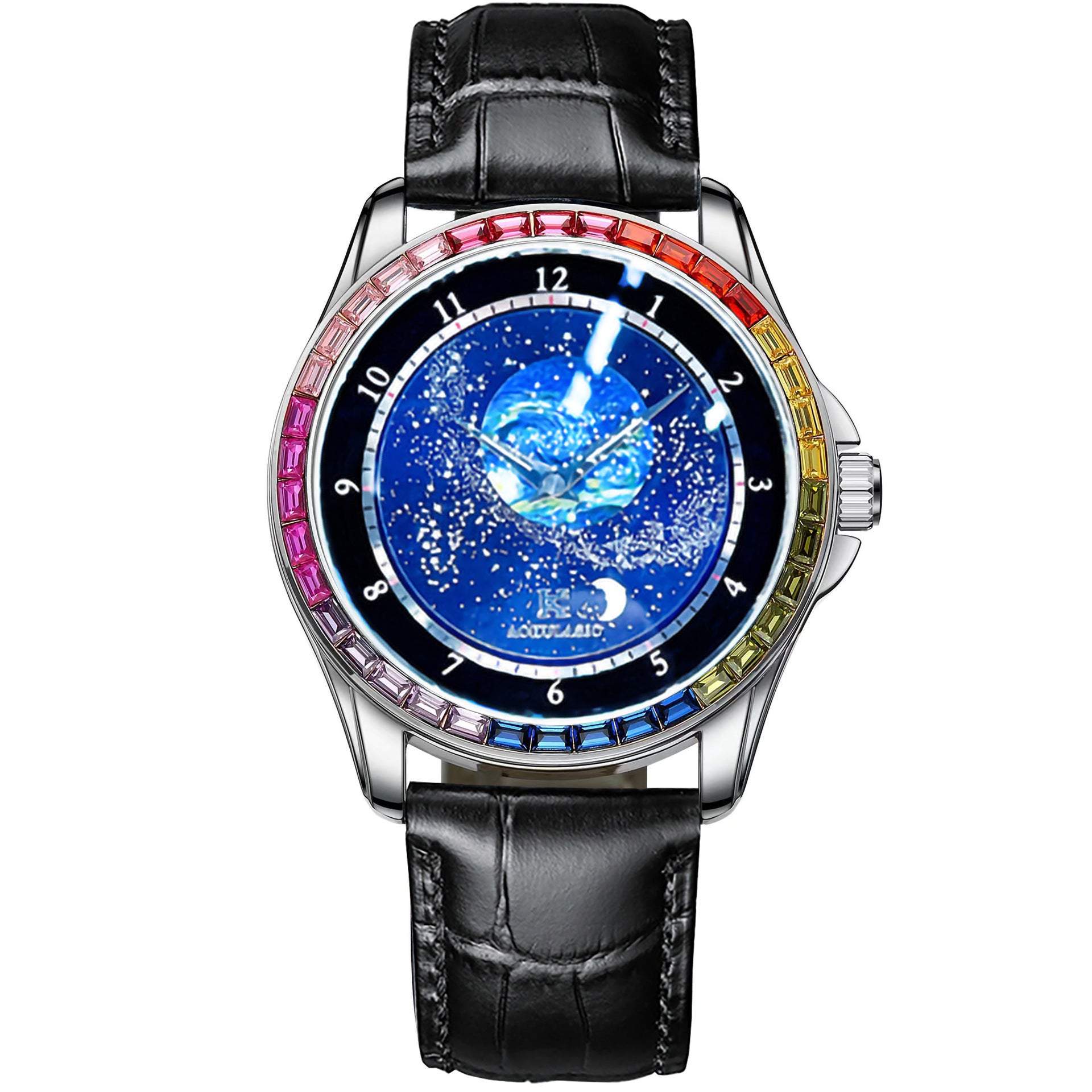 Orologio meccanico di lusso da uomo con quadrante rotante, cassa arcobaleno, orologio automatico alla moda, orologio da polso con cinturino in vera pelle, orologio luminoso con personalità