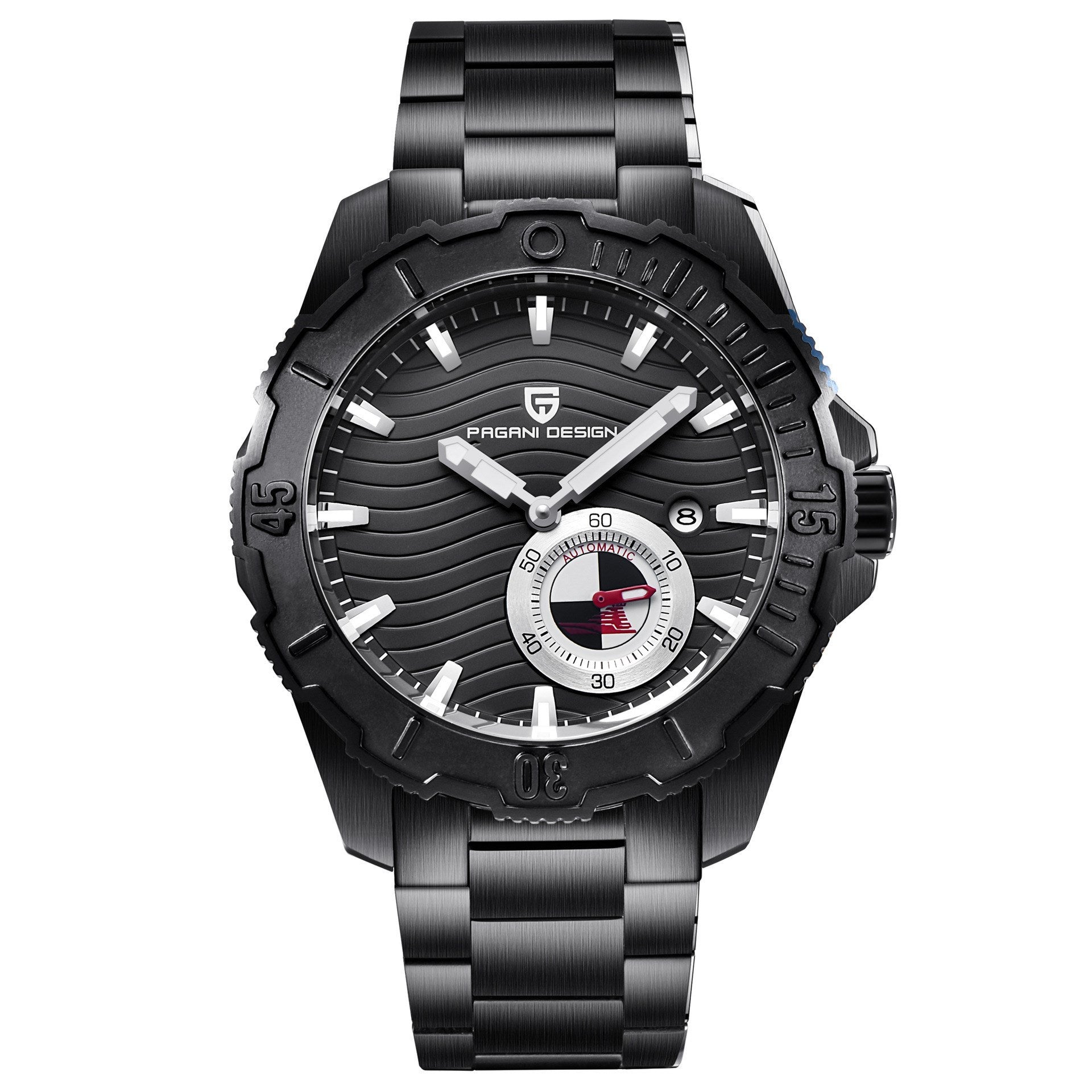 A PAGANI DESIGN men's watch with a blue dial, black case, and black band.
