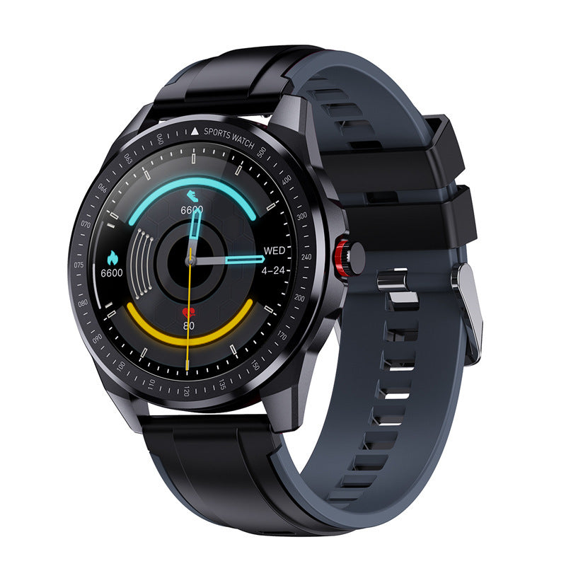 A black smartwatch with a silicone wristband and a digital display showing the time and various smart watch features.