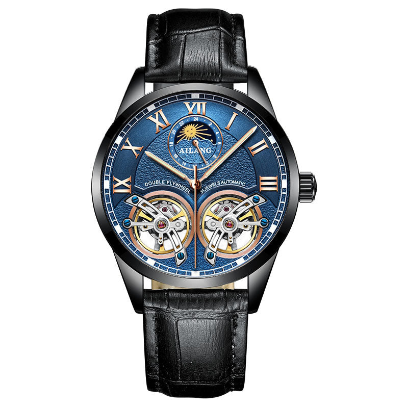 A men's mechanical watch with a blue dial, gold case, and black leather strap.