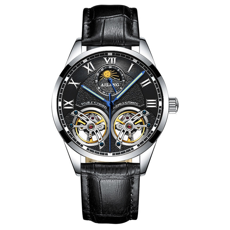 A men's mechanical watch with a blue dial, gold case, and black leather strap.