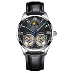 A men's mechanical watch with a blue dial, gold case, and black leather strap.