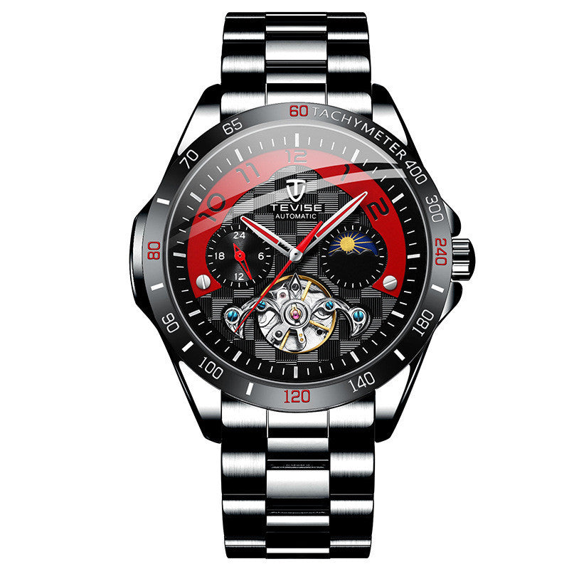 A men's automatic mechanical watch with a silver band and a black, gold, and silver dial featuring a tourbillon and moon phase display.
