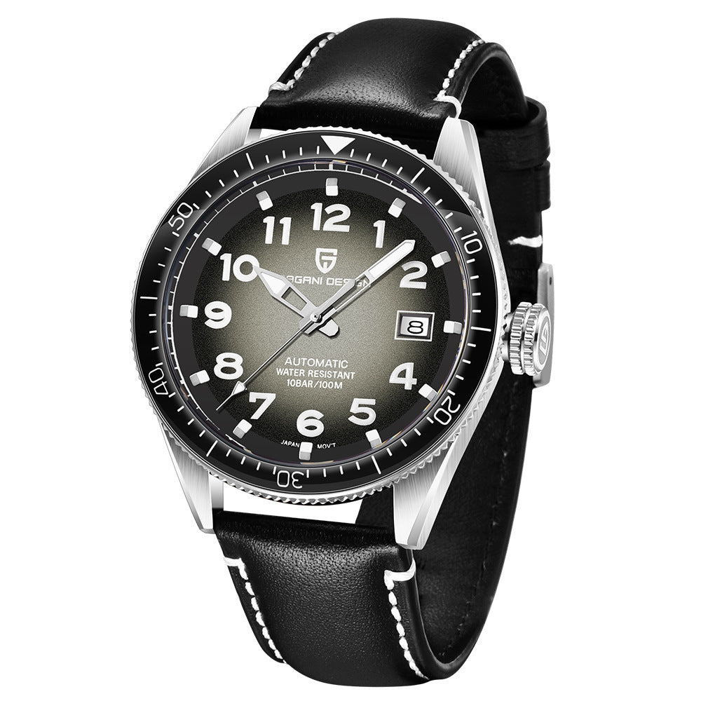 A PAGANI DESIGN mechanical men's watch with a blue leather strap, silver stainless steel case, and a blue dial with white numerals.