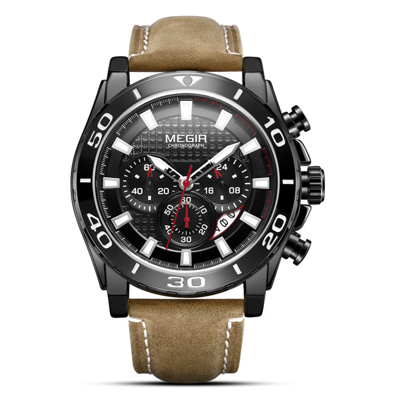 A men's Megir analog watch with a black dial and a black leather band.