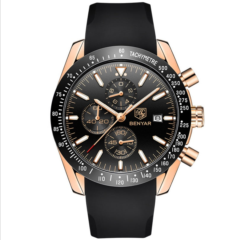 A men's quartz watch with a blue strap and rose gold case, featuring a blue dial with multiple subdials and a tachymeter.