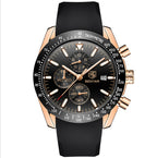 A men's quartz watch with a blue strap and rose gold case, featuring a blue dial with multiple subdials and a tachymeter.