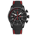 A blue and orange analog multifunctional aviation watch with a silicone band and a tachymeter dial.