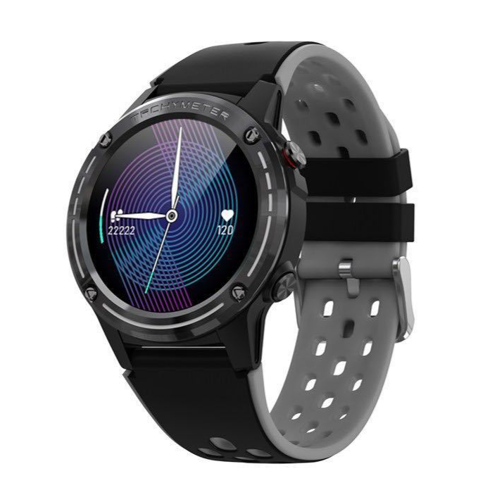 A black smartwatch with a silicone wrist strap and a digital display showing time and various smart notifications.