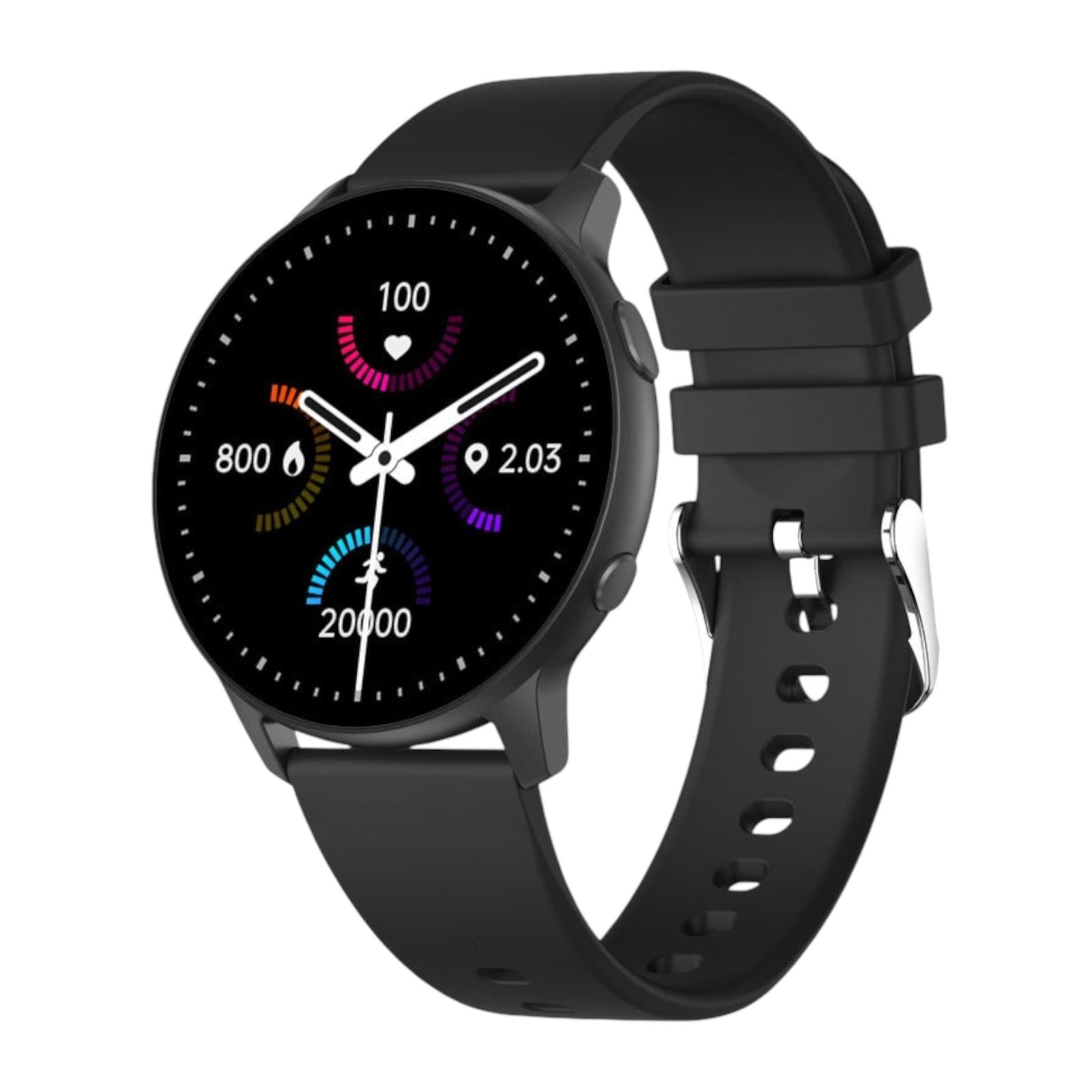 Black smartwatch with a detailed display on a white background