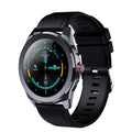 A black smartwatch with a silicone wristband and a digital display showing the time and various smart watch features.