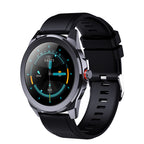 A black smartwatch with a silicone wristband and a digital display showing the time and various smart watch features.