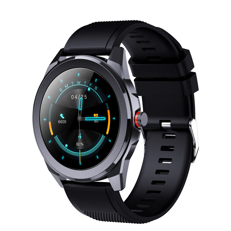 A black smartwatch with a silicone wristband and a digital display showing the time and various smart watch features.