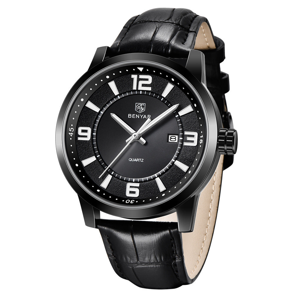 A black Benya men's quartz watch with a leather strap and a stainless steel case.