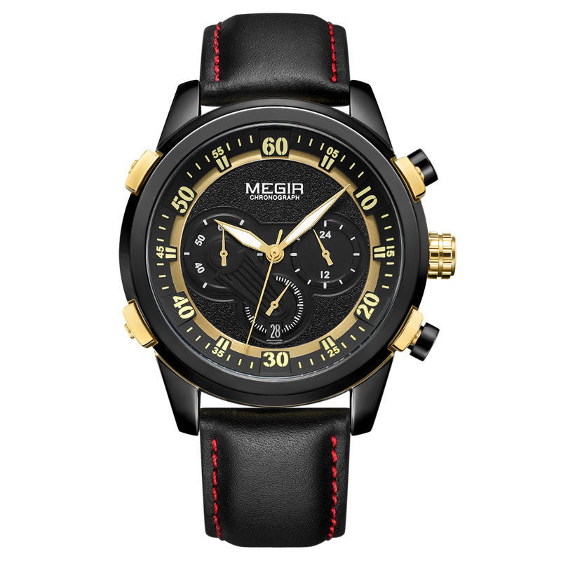 Megir Men's Watch Multi-function Calendar Chronograph Waterproof Quartz Watch Leather Belt Fashion Men's Watch