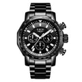 Black wristwatch with detailed face and metal strap on a white background