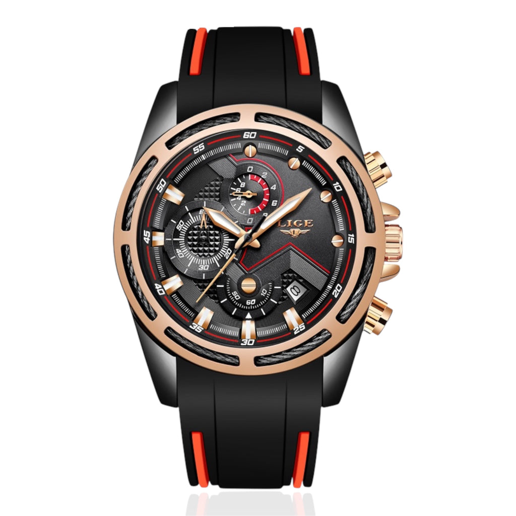 Luxury watch with black strap and red accents on a white background
