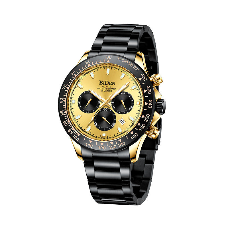 A black and gold men's quartz watch with a stainless steel strap and a dial displaying chronograph functionality.