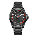 A black analog watch with a stainless steel strap and a dial featuring red and white accents, along with a date display.