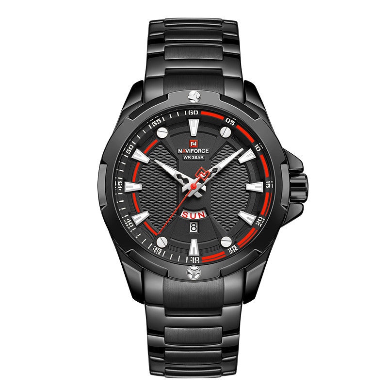 A black analog watch with a stainless steel strap and a dial featuring red and white accents, along with a date display.