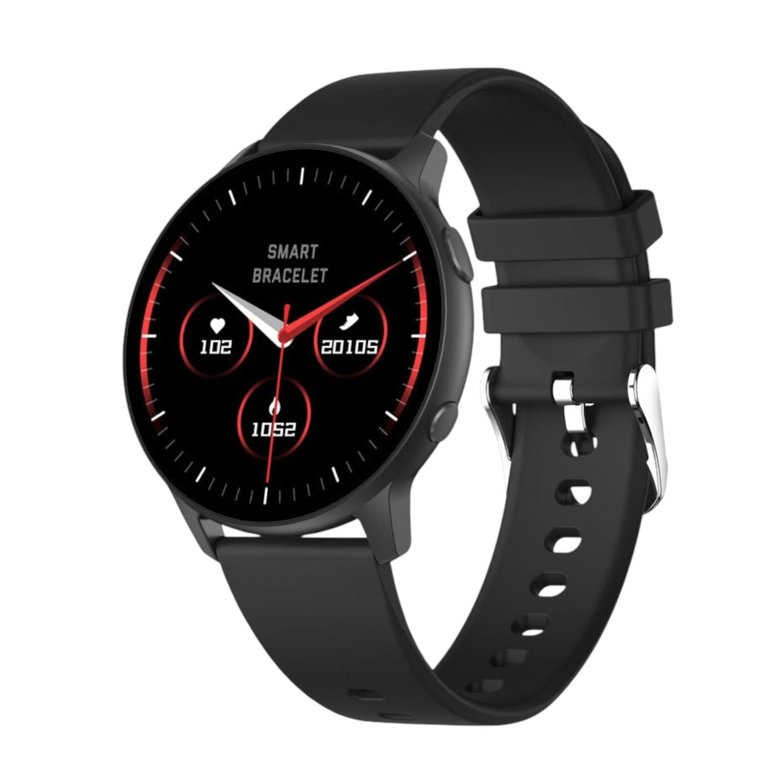 Black smartwatch with a black strap on a white background