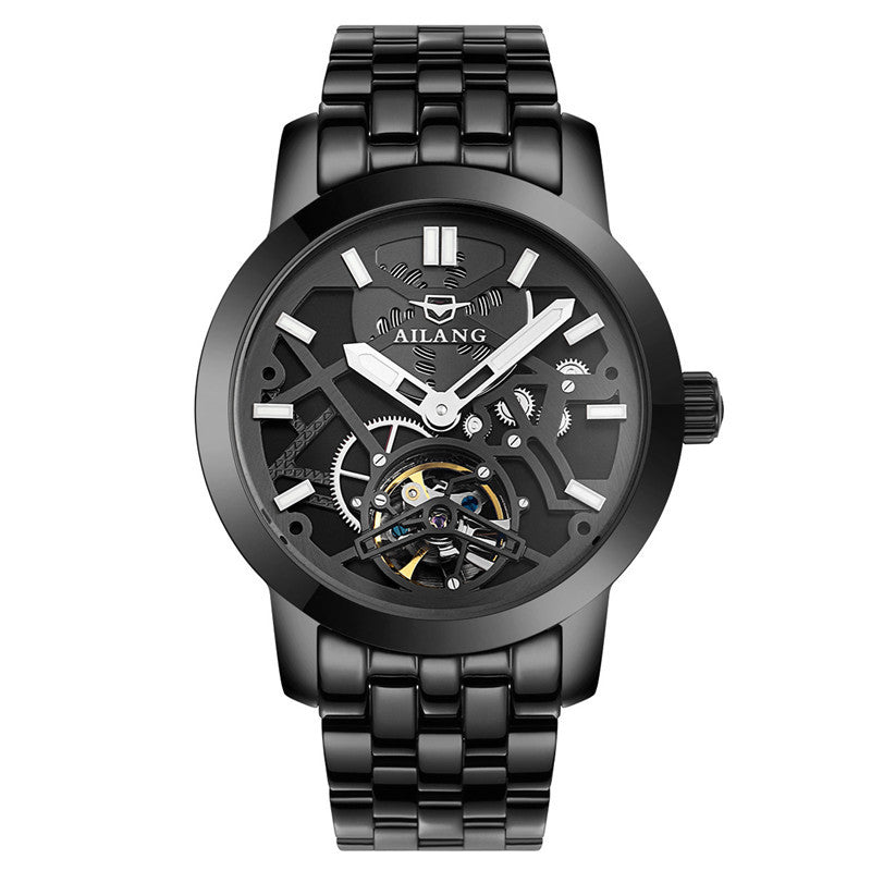 This image features a sophisticated men's mechanical watch by the brand AILANG. The watch showcases a sleek, silver-toned metal case paired with a black leather strap that enhances its elegant appearance.