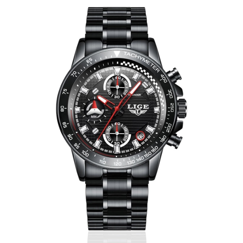 Black wristwatch with detailed face on a white background