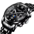 Luxury watch with black dial and silver metal strap on a white background