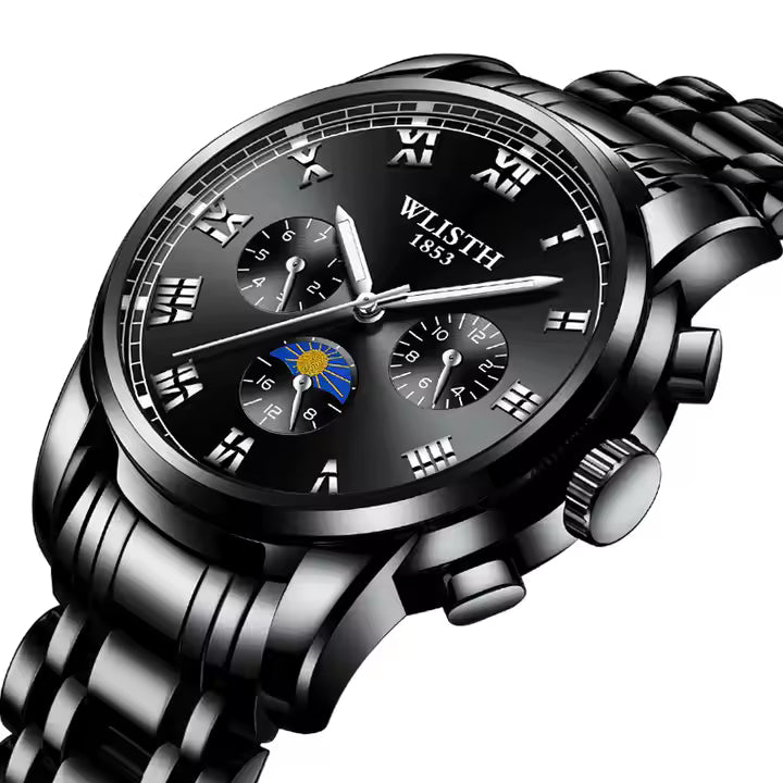 Luxury watch with black dial and silver metal strap on a white background