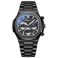 Black wristwatch with detailed face on a white background
