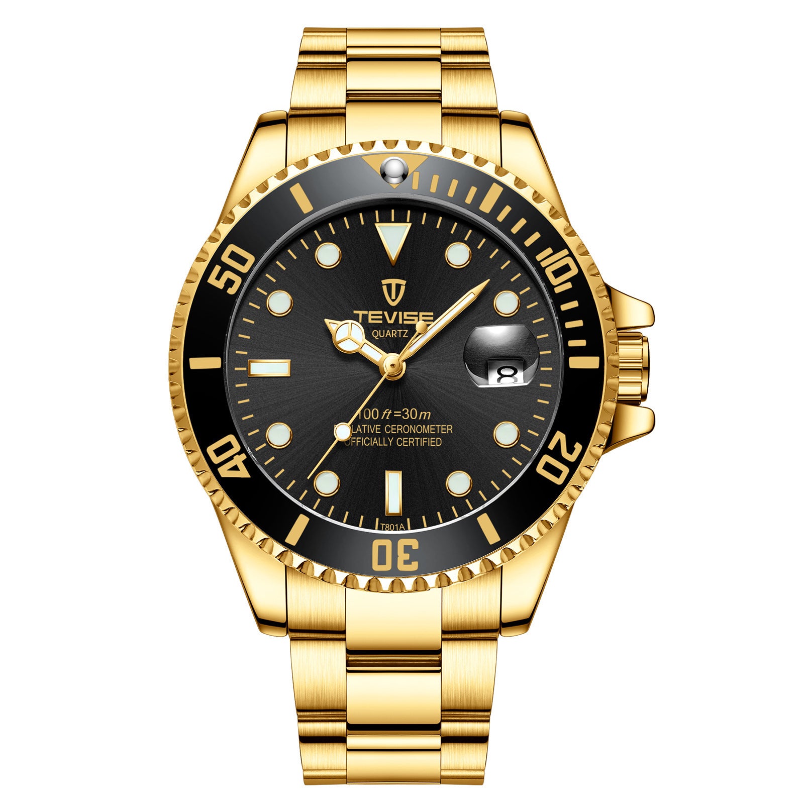 A silver stainless steel men's quartz watch with a green dial and luminous hands, a date display, and a stainless steel bracelet.