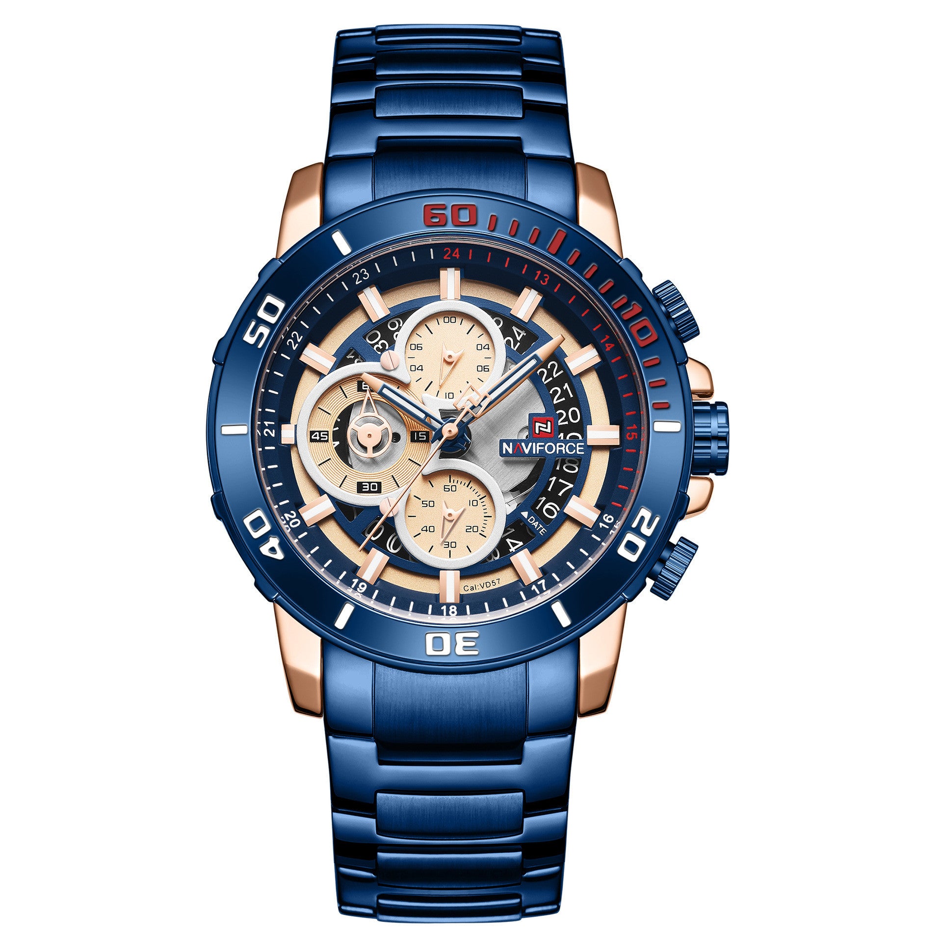 A blue and gold men's analog watch with a stainless steel band and a round dial featuring multiple subdials and a calendar display.