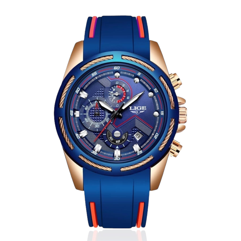 Blue watch with a detailed face on a white background