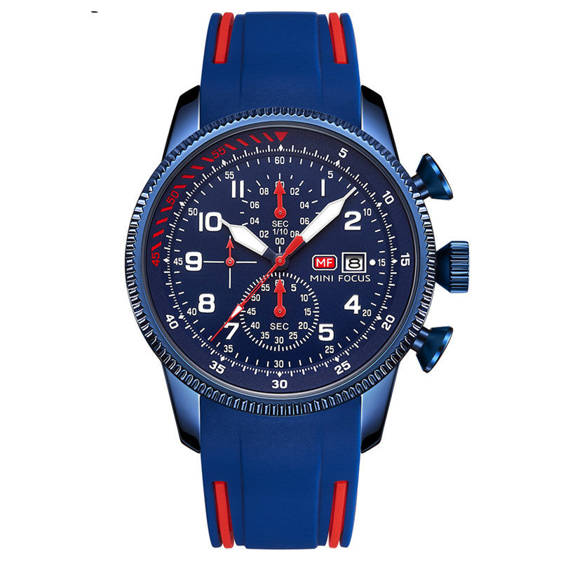 A blue and orange analog multifunctional aviation watch with a silicone band and a tachymeter dial.