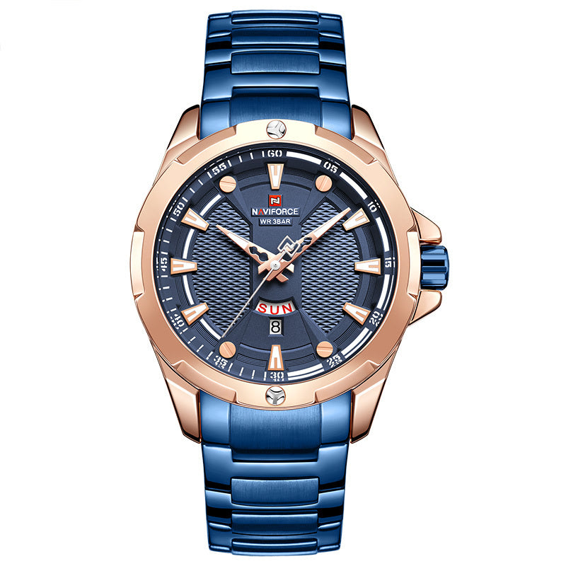 This image features a stylish men's casual watch, designed with a sleek stainless steel band and a striking gold-tone case. The watch showcases a detailed dial with a world time display, luminous hands, and a calendar function, all highlighted by a vibrant red accent on the bezel.