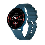 Blue smartwatch with a black display on a white background