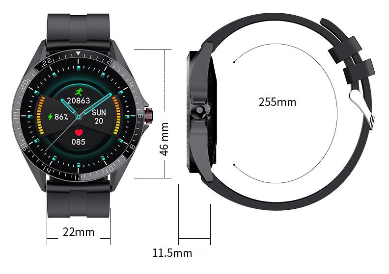 Smartwatch with detailed dimensions on a white background