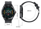 Smartwatch with detailed dimensions on a white background