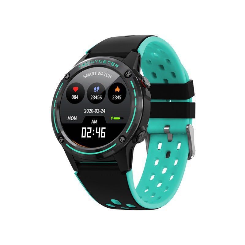A black smartwatch with a silicone wrist strap and a digital display showing time and various smart notifications.