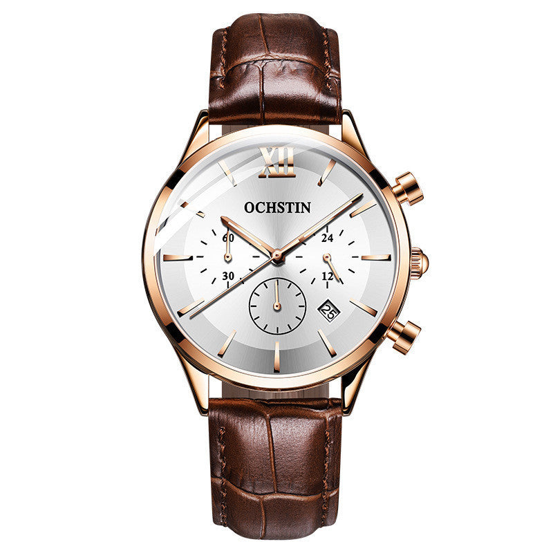 A men's OCHSTIN watch with a black leather band and rose gold case, featuring a black dial with multiple sub-dials and a date display.