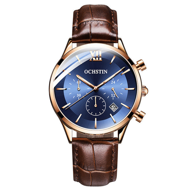 A men's OCHSTIN watch with a black leather band and rose gold case, featuring a black dial with multiple sub-dials and a date display.