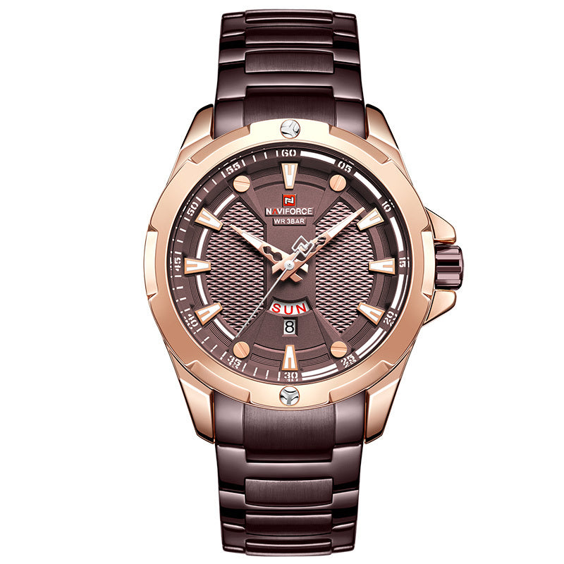 This image features a stylish men's casual watch, designed with a sleek stainless steel band and a striking gold-tone case. The watch showcases a detailed dial with a world time display, luminous hands, and a calendar function, all highlighted by a vibrant red accent on the bezel.