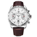 A PAGANI DESIGN quartz men's watch with a silver stainless steel case and a brown leather band.