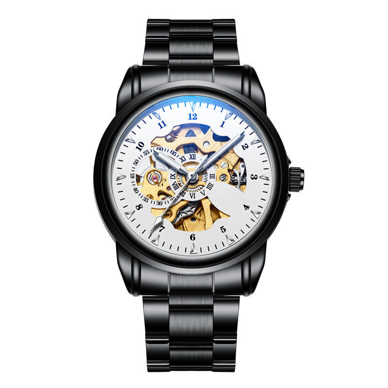 Orologio meccanico luminoso impermeabile in pelle semplice da uomo alla moda