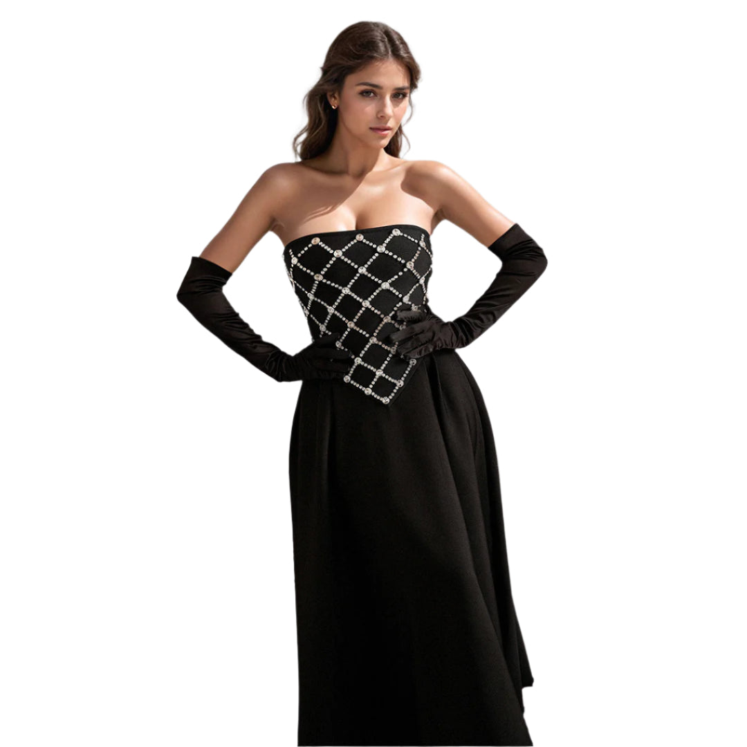 Women's Fashionable Elegant Rhinestone Bandage Dress Solid Color High Waist Sleeveless Women's Long Party Dress