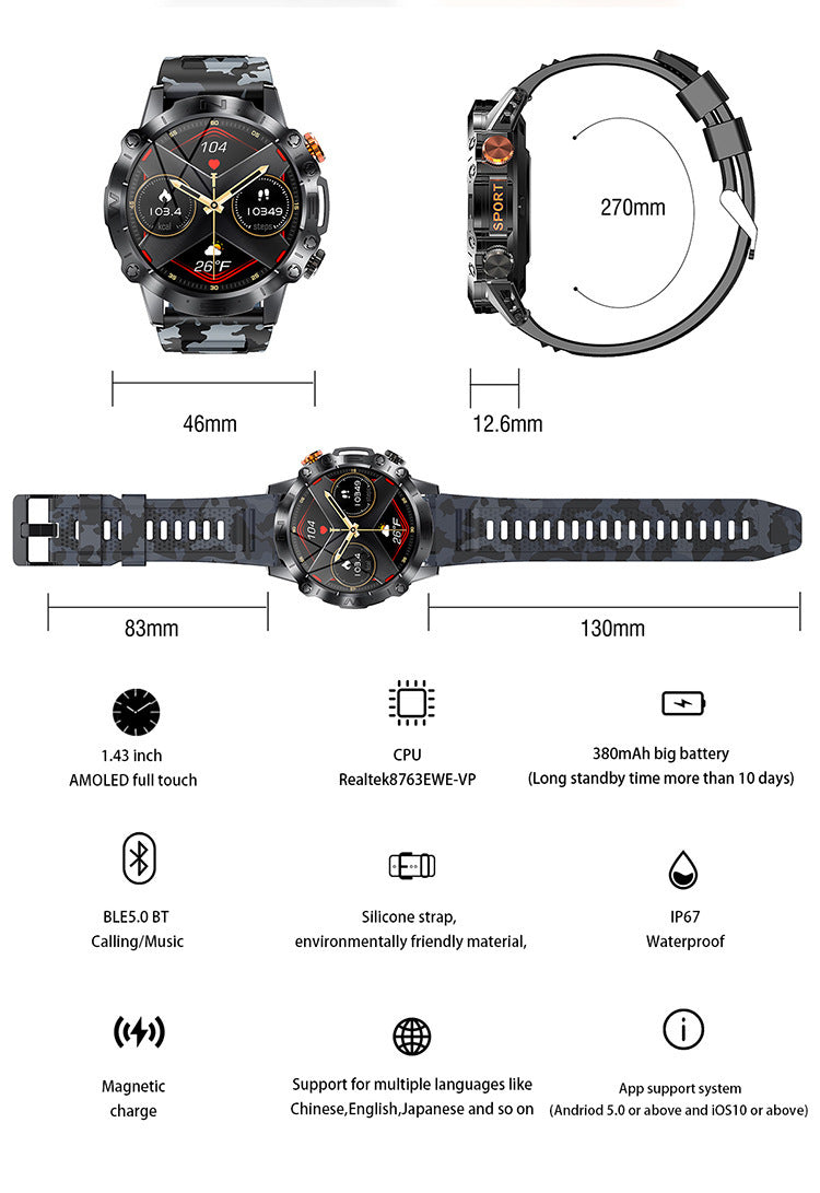 K59 Bluetooth Outdoor Sport Smartwatch met Grote Batterij